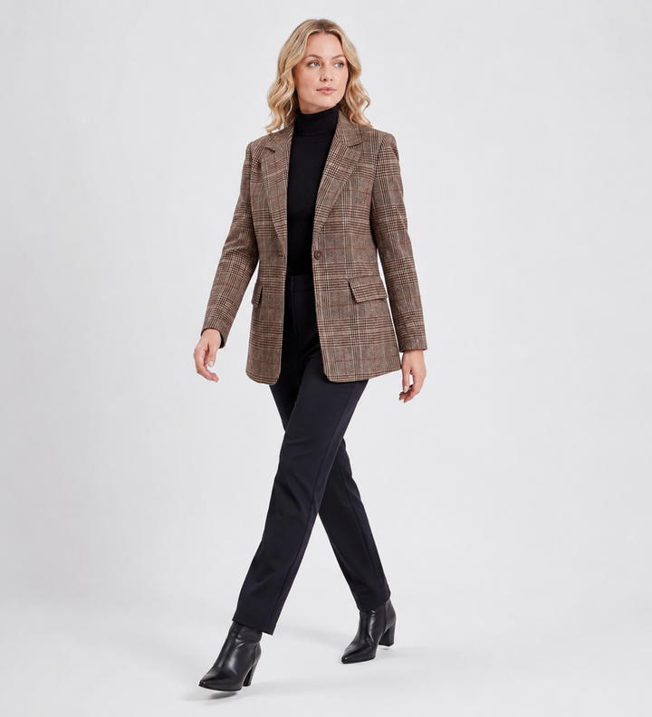 Chamonix | Womens Checked Plaid Blazer, Single Breasted Woven Autumn Longline Jacket - Brown