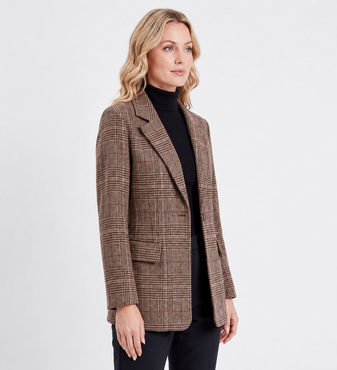 Chamonix | Womens Checked Plaid Blazer, Single Breasted Woven Autumn Longline Jacket - Brown