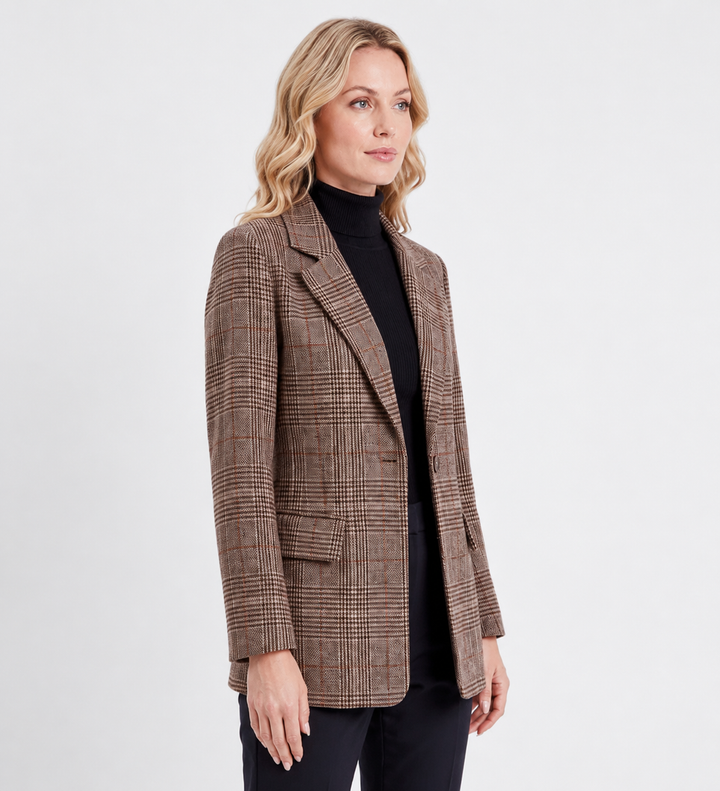 Chamonix | Womens Checked Plaid Blazer, Single Breasted Woven Autumn Longline Jacket - Brown