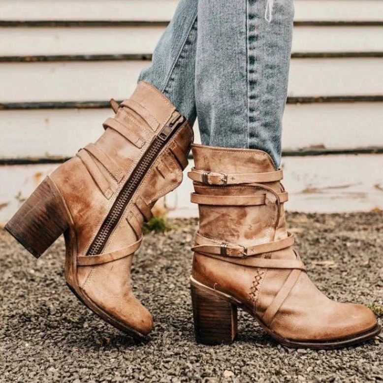 Women's Buckle Strap Distressed Block Heel Zip Ankle Boots