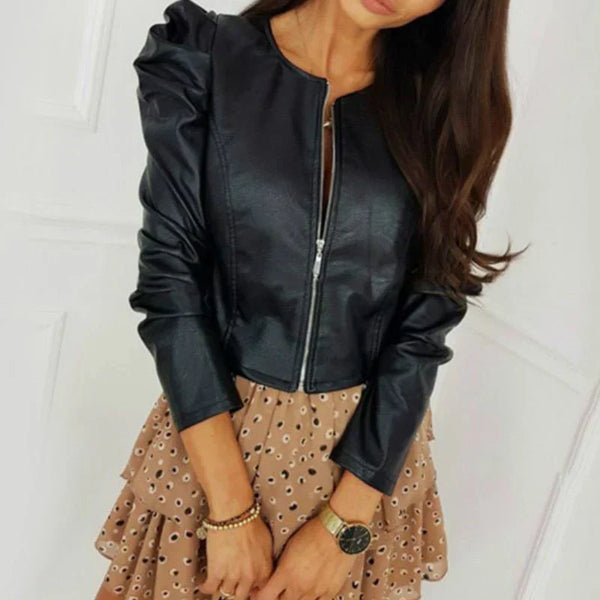 Nova | Collarless Ruched Shoulder Vegan Leather Jacket