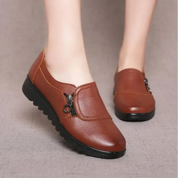 Clara | Women's Cognac Leather Side Zip Orthopedic Comfortable Loafers