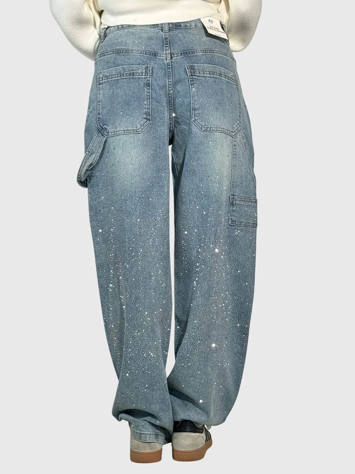 Stardust | Hot Fix Rhinestone Relaxed Baggy Wide Leg Cargo Jeans