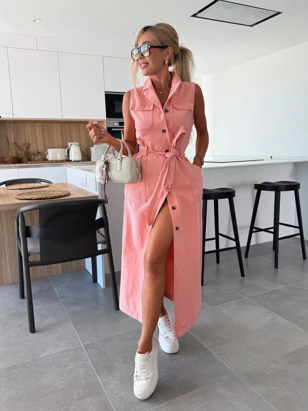 Celine | Button Down Tie Waist Denim Shirt Dress