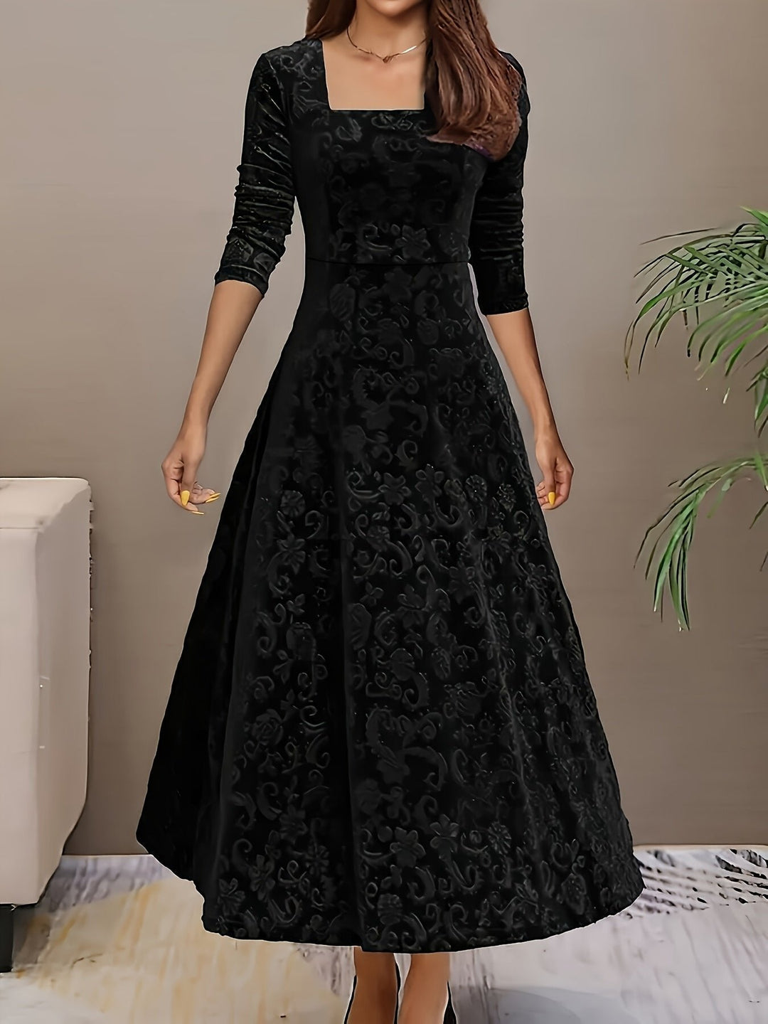 Victoria | Floral Embossed Velvet Square Neck A Line Formal Dress