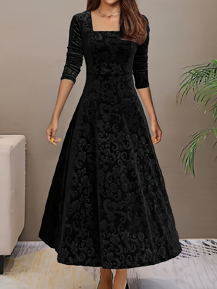 Victoria | Floral Embossed Velvet Square Neck A Line Formal Dress