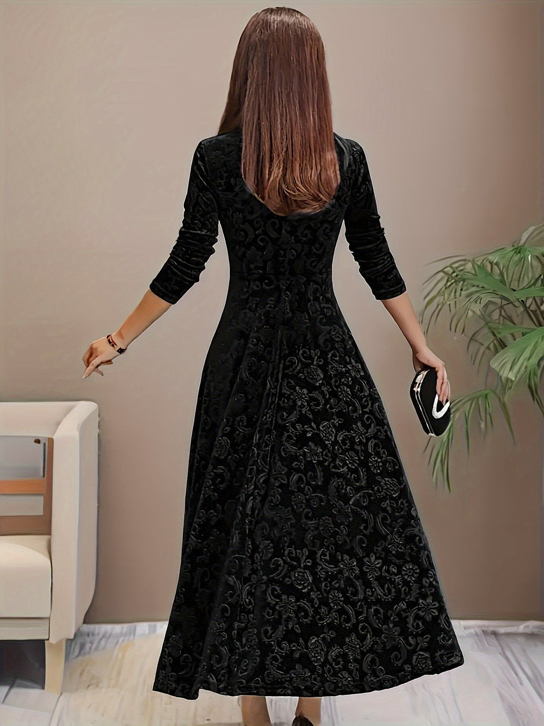 Victoria | Floral Embossed Velvet Square Neck A Line Formal Dress