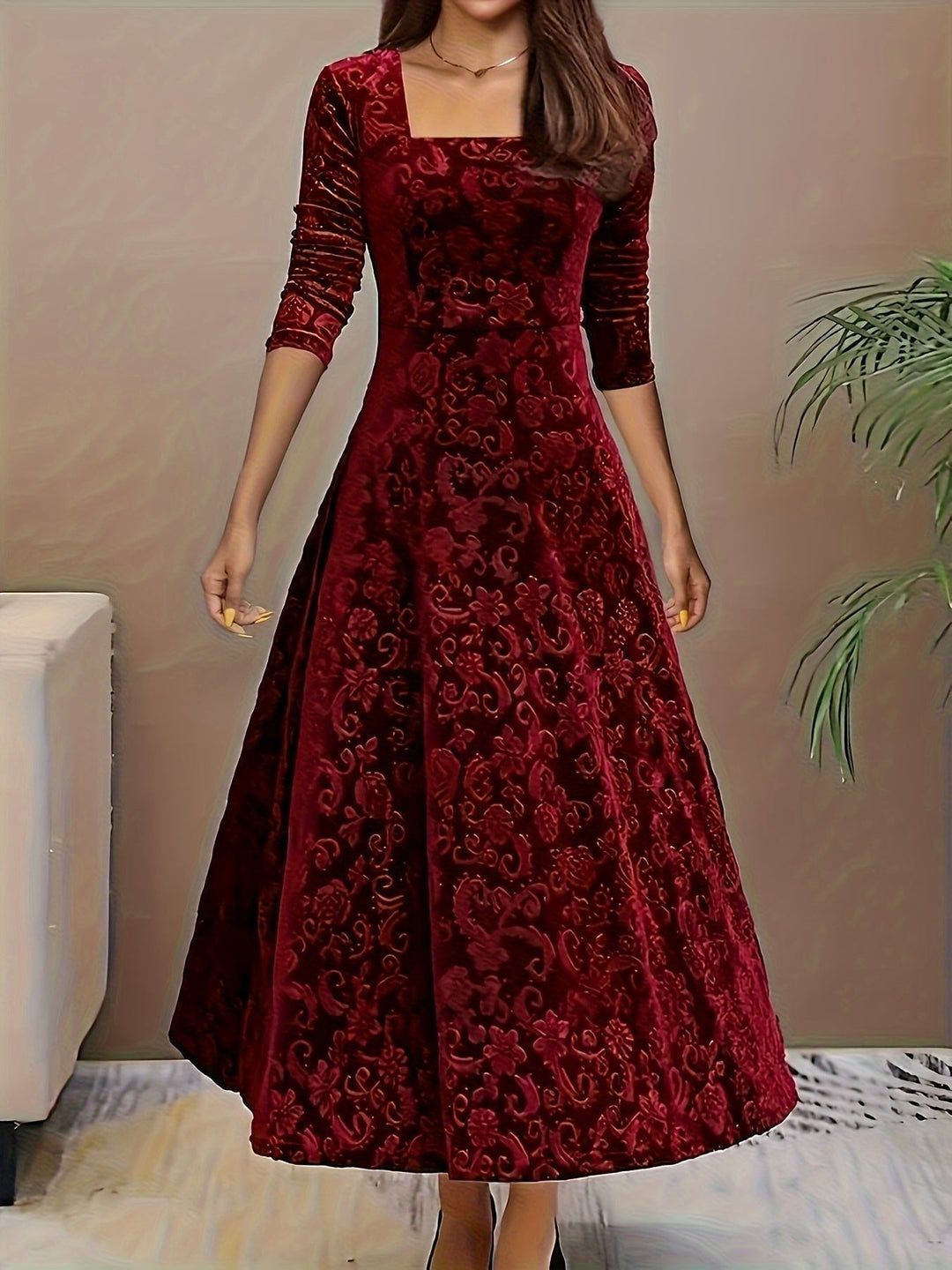 Victoria | Floral Embossed Velvet Square Neck A Line Formal Dress