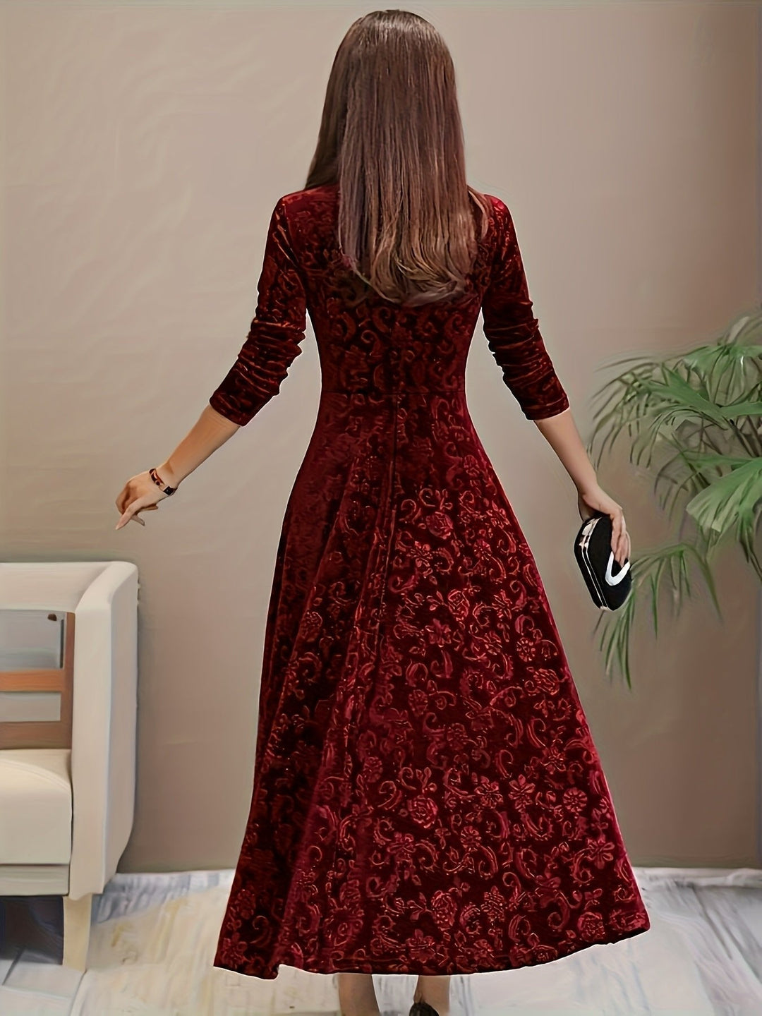 Victoria | Floral Embossed Velvet Square Neck A Line Formal Dress