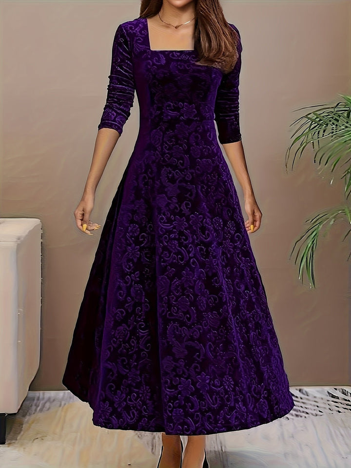 Victoria | Floral Embossed Velvet Square Neck A Line Formal Dress