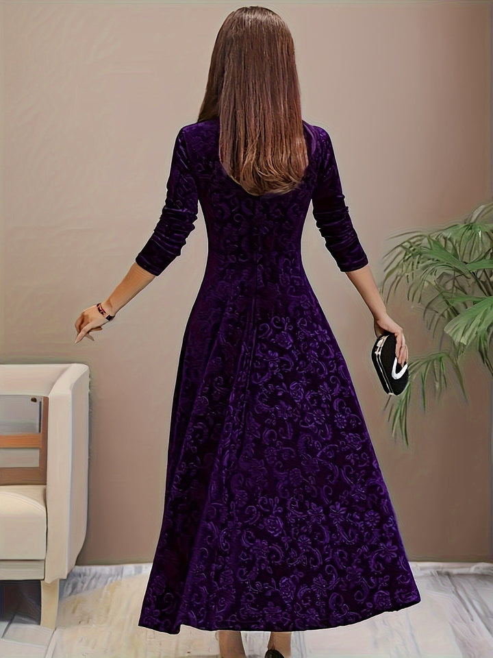Victoria | Floral Embossed Velvet Square Neck A Line Formal Dress