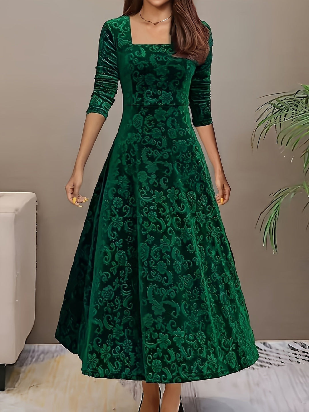 Victoria | Floral Embossed Velvet Square Neck A Line Formal Dress