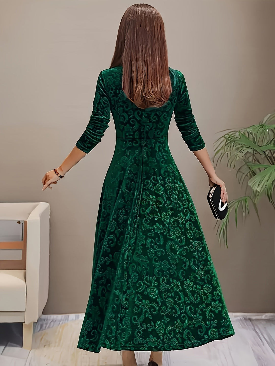 Victoria | Floral Embossed Velvet Square Neck A Line Formal Dress