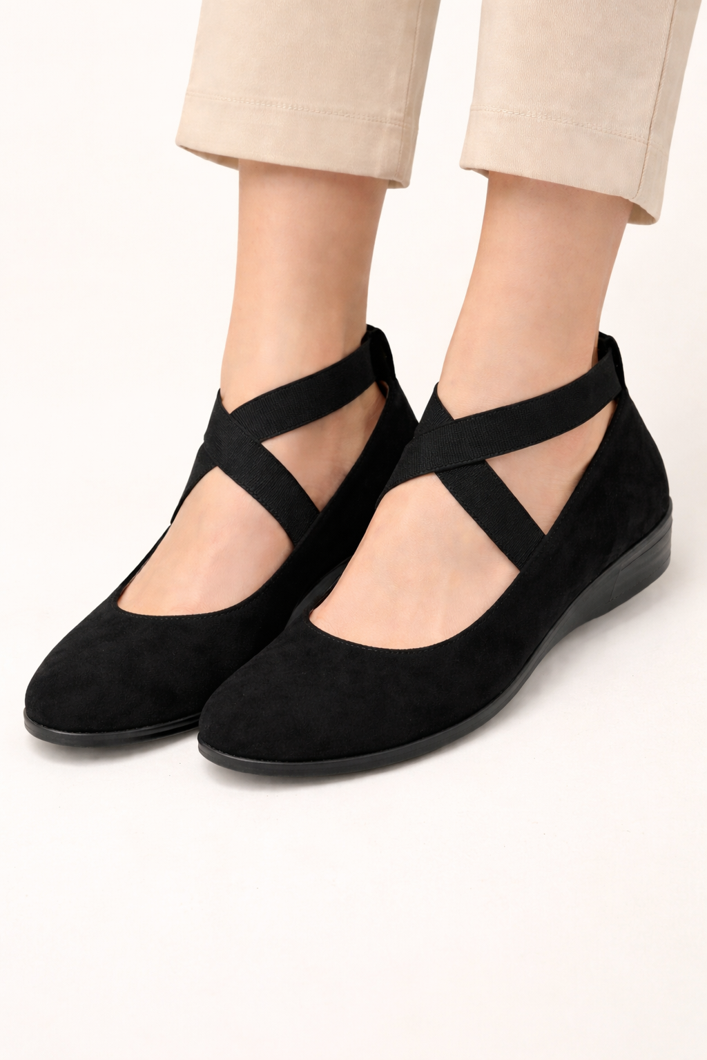 Elena | Round Toe Crossed Elastic Strap Ballerina Flats