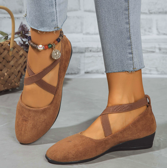 Elena | Round Toe Crossed Elastic Strap Ballerina Flats