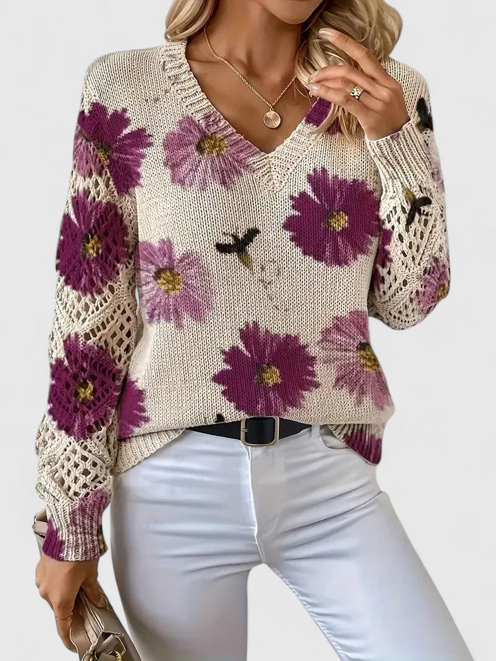 Honeybee | Open Work Pointelle Sleeve Knitwear Floral Daisy Sweater