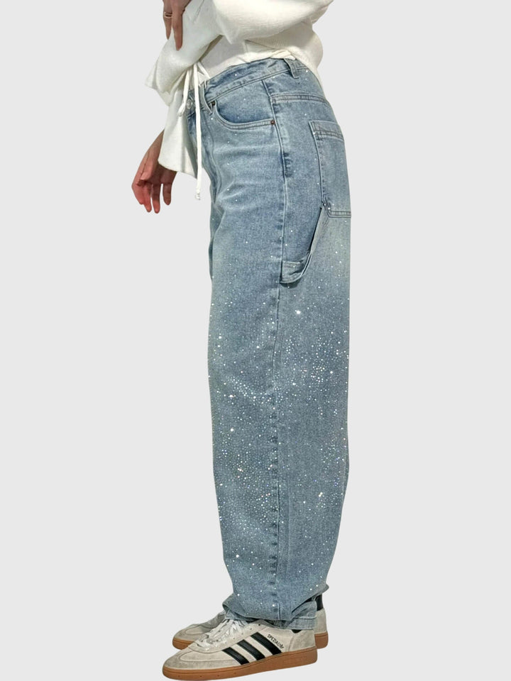 Stardust | Hot Fix Rhinestone Relaxed Baggy Wide Leg Cargo Jeans
