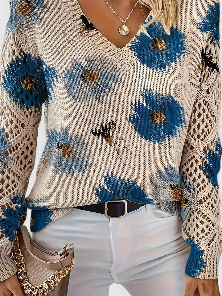 Honeybee | Open Work Pointelle Sleeve Knitwear Floral Daisy Sweater