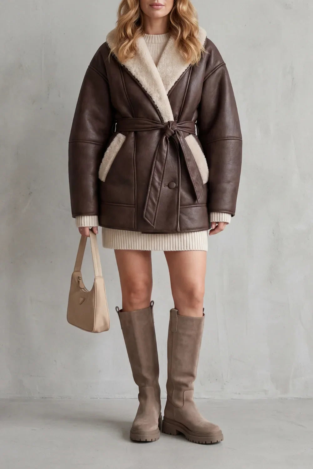 Women's Oversized Sherpa Lined Belted Faux Leather Coat