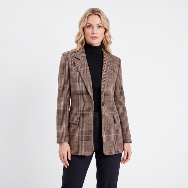 Chamonix | Womens Checked Plaid Blazer, Single Breasted Woven Autumn Longline Jacket - Brown