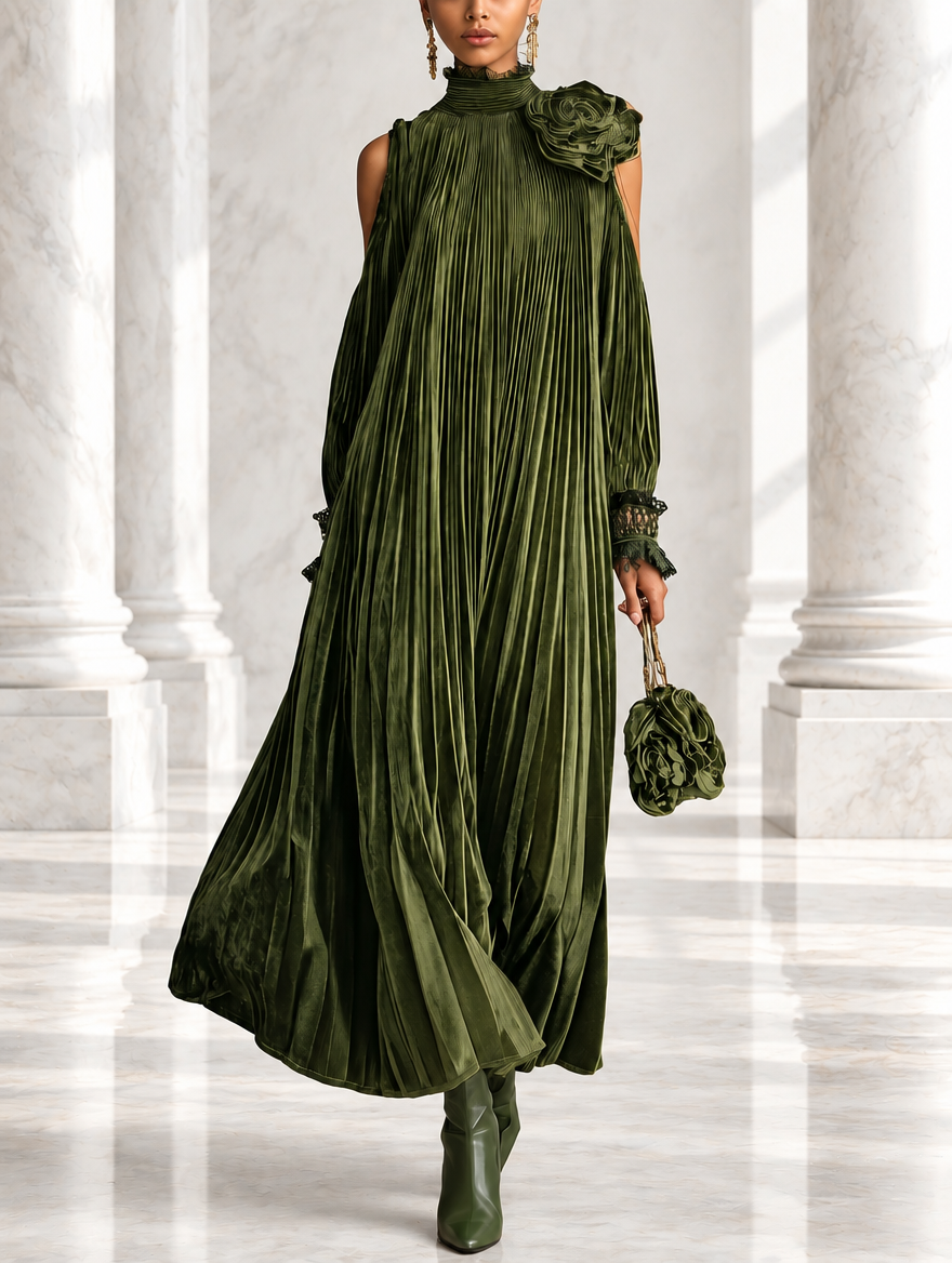 Women's Pleated Maxi Dress in Olive Green with Floral Shoulder
