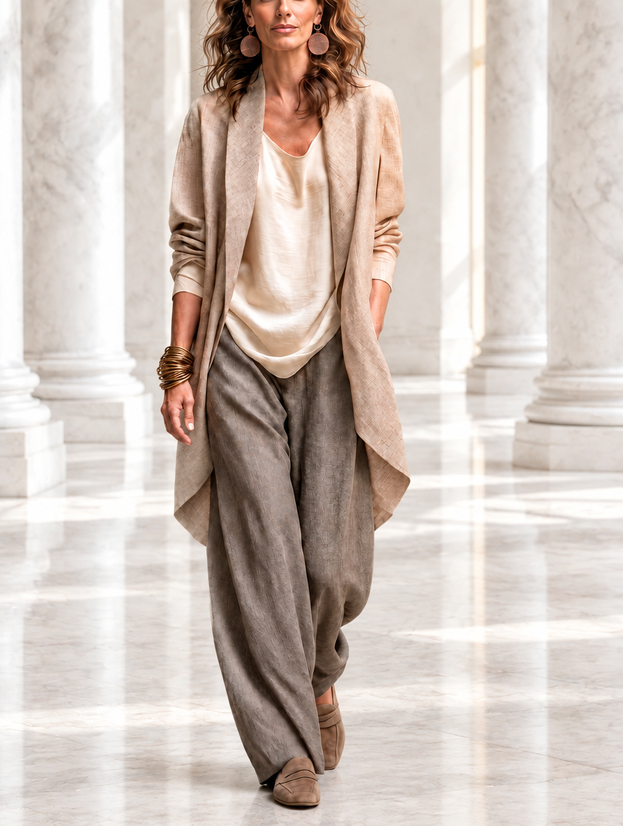 Women's Three Piece Matching Set with Palazzo Pants in Beige Gray