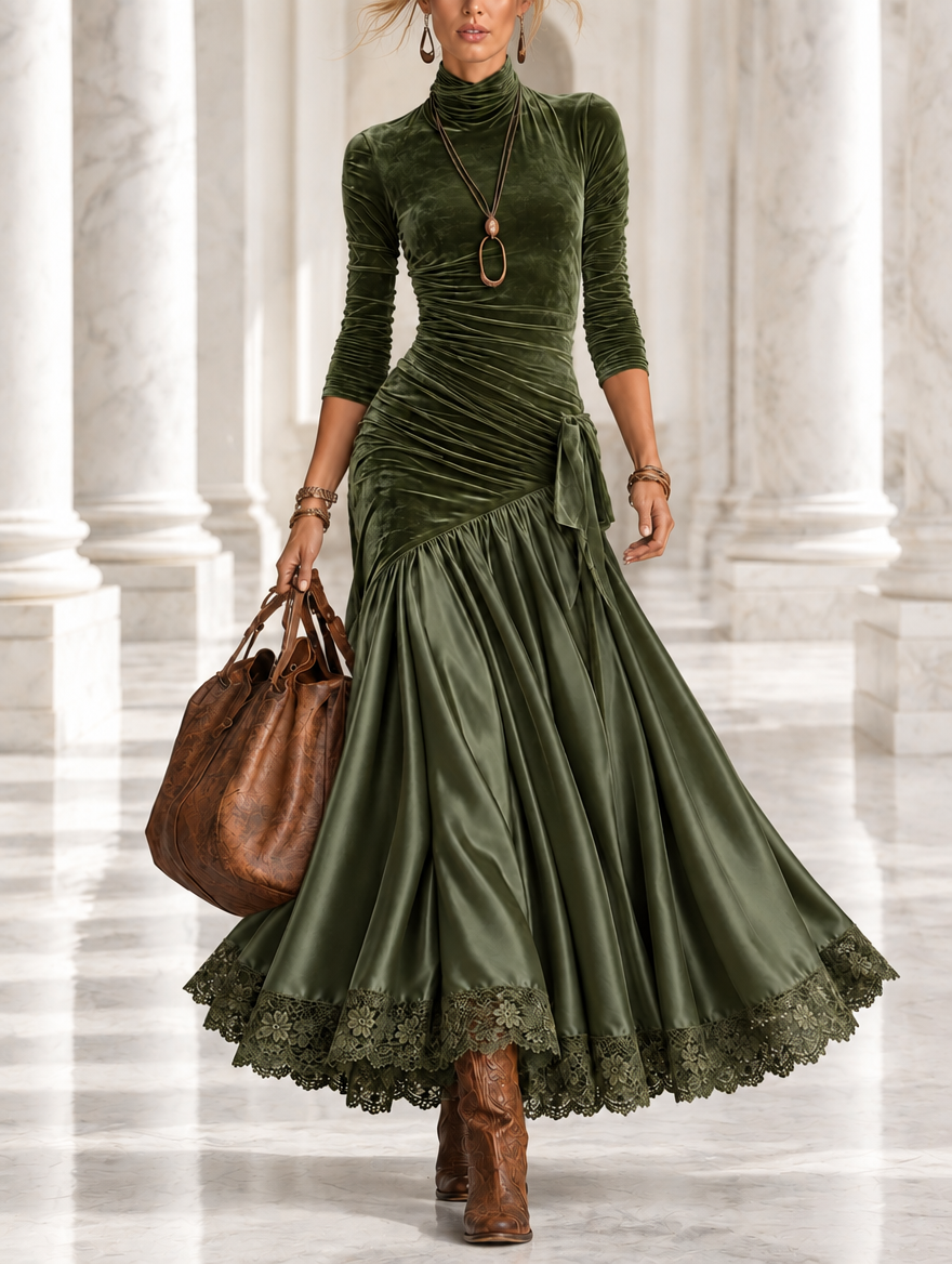Women's Olive Green Velvet Satin Maxi Dress with Lace Hem