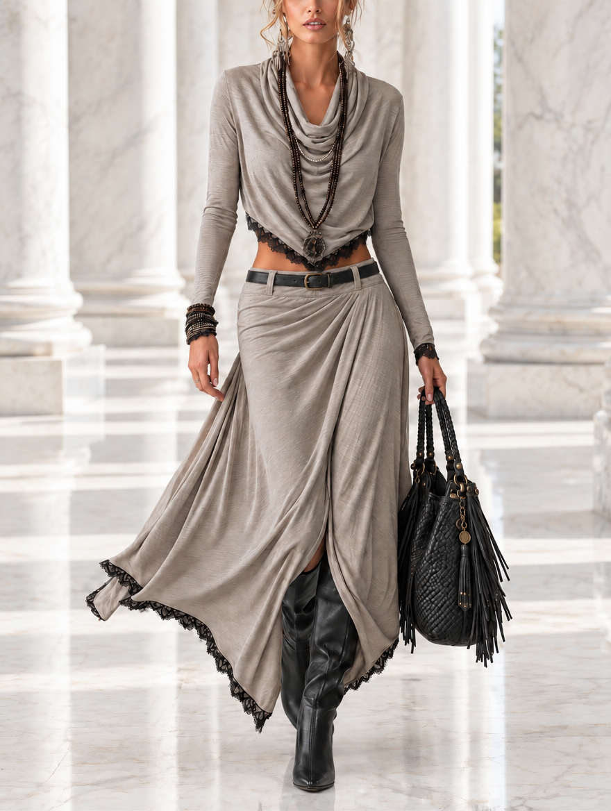Women's Two Piece Set Draped Cowl Neck Crop Top and Maxi Skirt Gray
