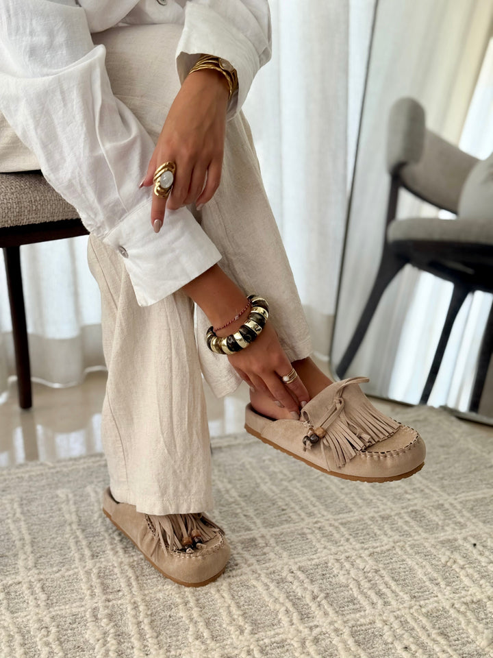 Paloma | Suede Whipstitch Slip On Fringe Loafer Mules