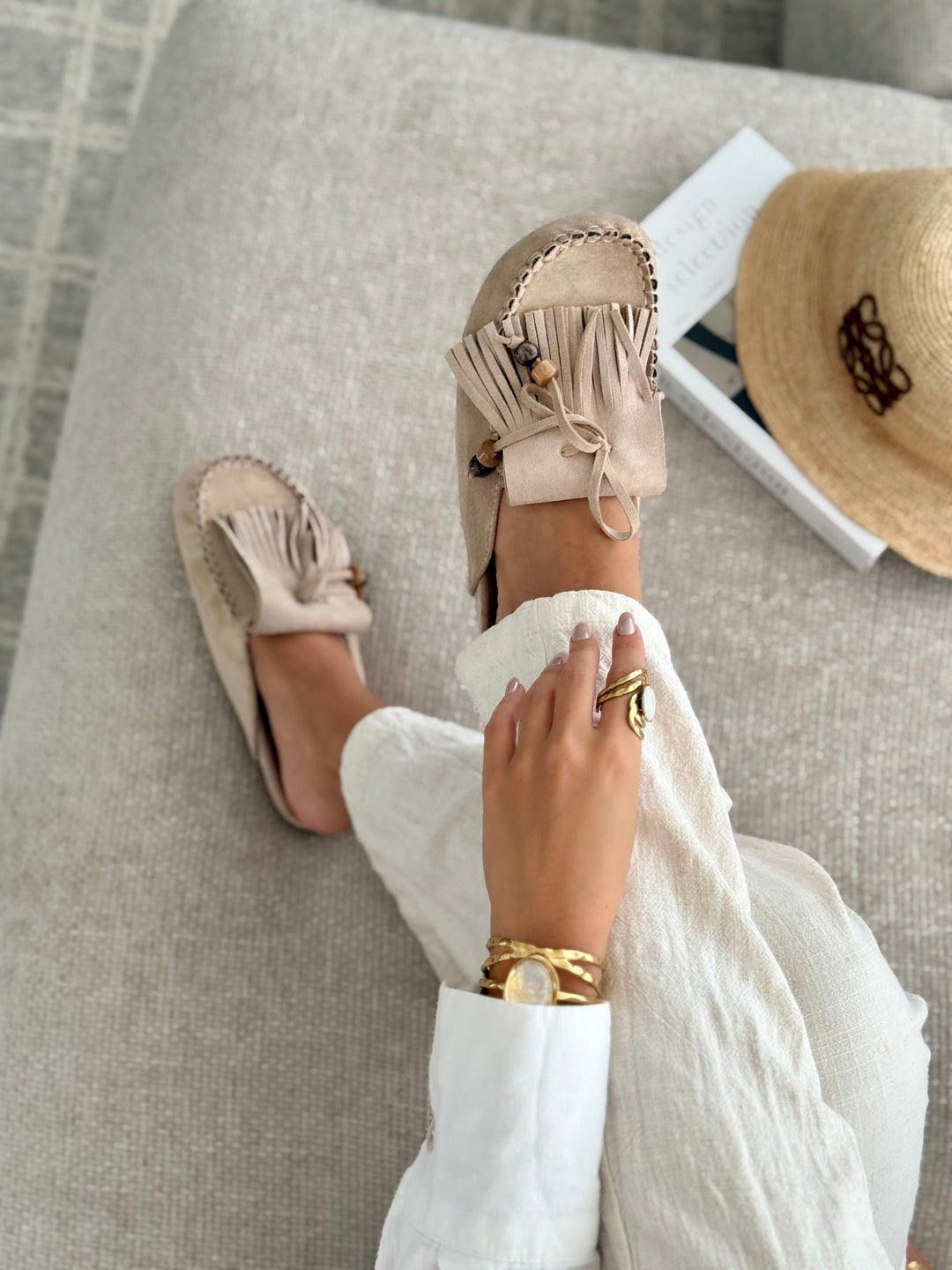 Paloma | Suede Whipstitch Slip On Fringe Loafer Mules