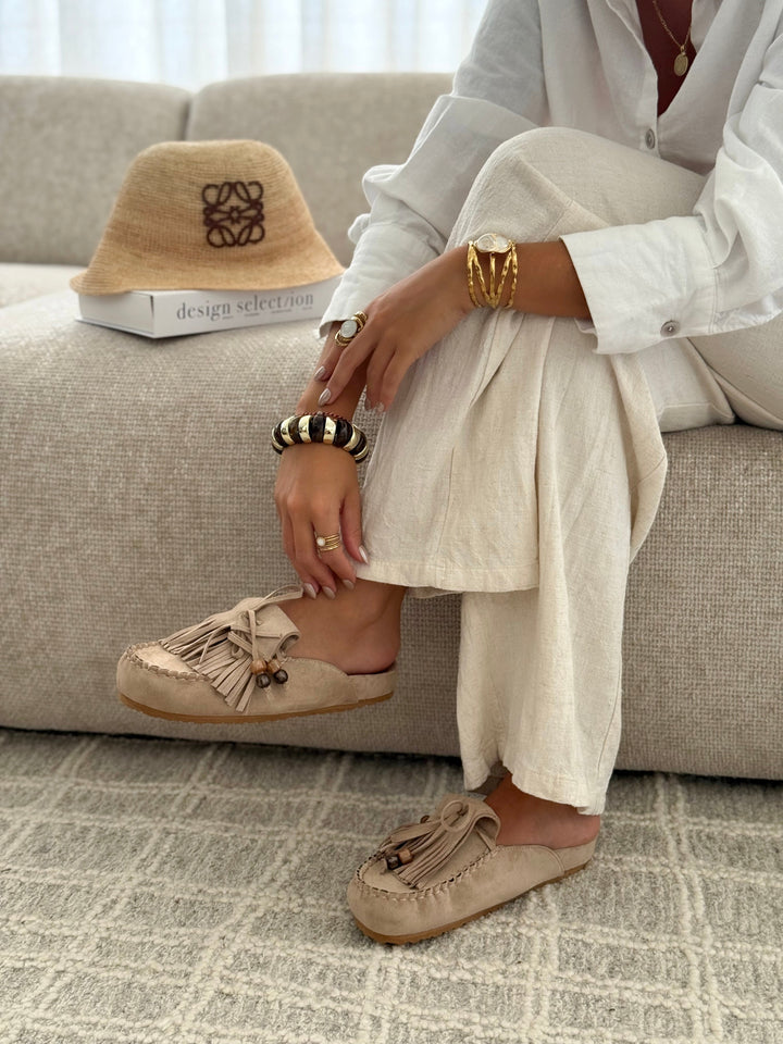 Paloma | Suede Whipstitch Slip On Fringe Loafer Mules