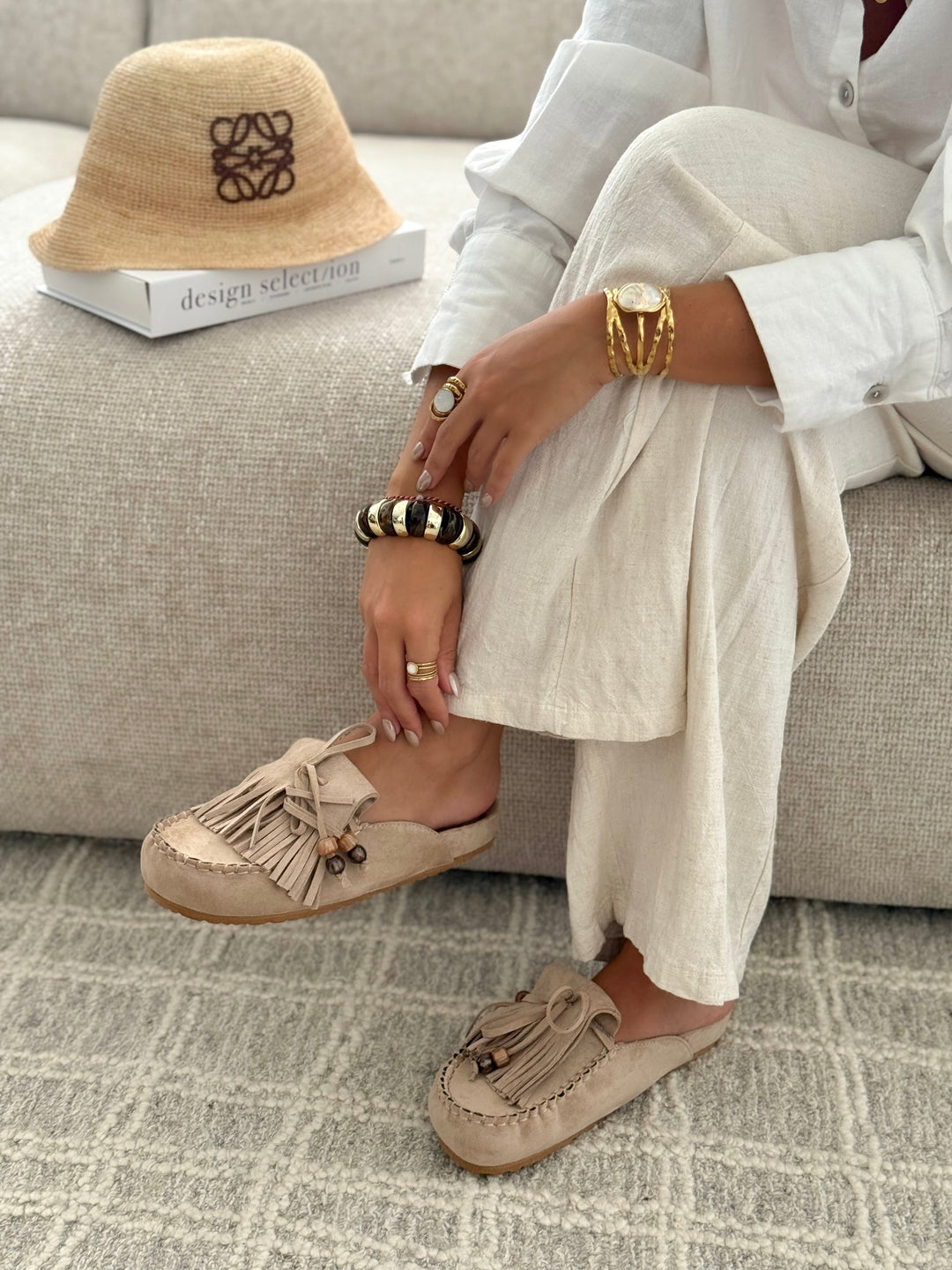 Paloma | Suede Whipstitch Slip On Fringe Loafer Mules