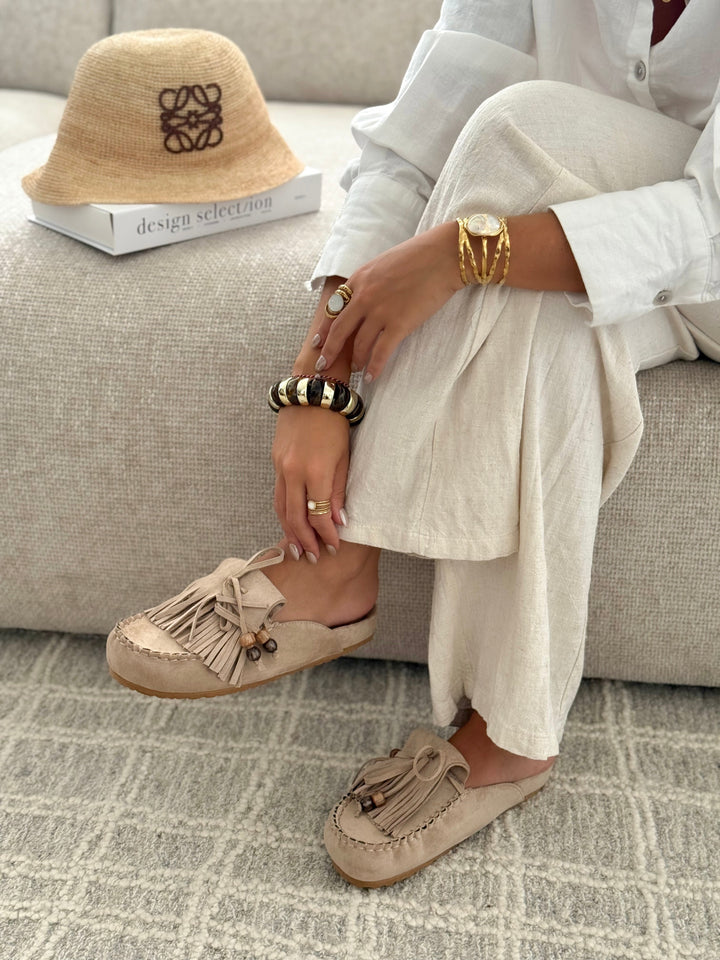 Paloma | Suede Whipstitch Slip On Fringe Loafer Mules