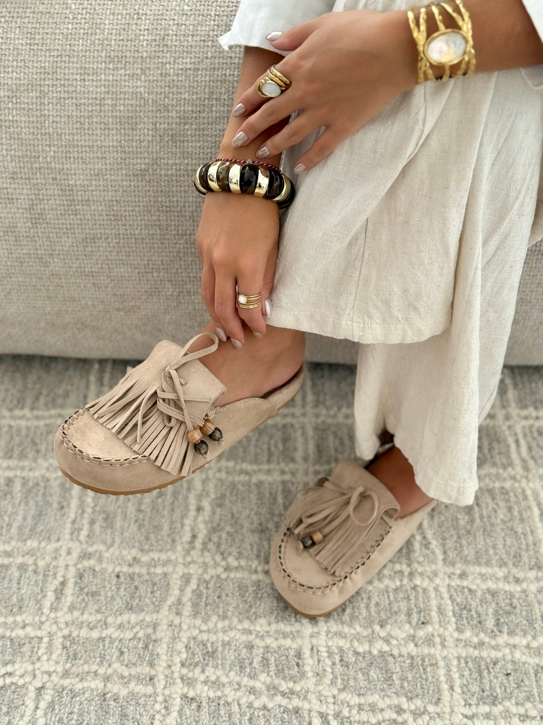 Paloma | Suede Whipstitch Slip On Fringe Loafer Mules