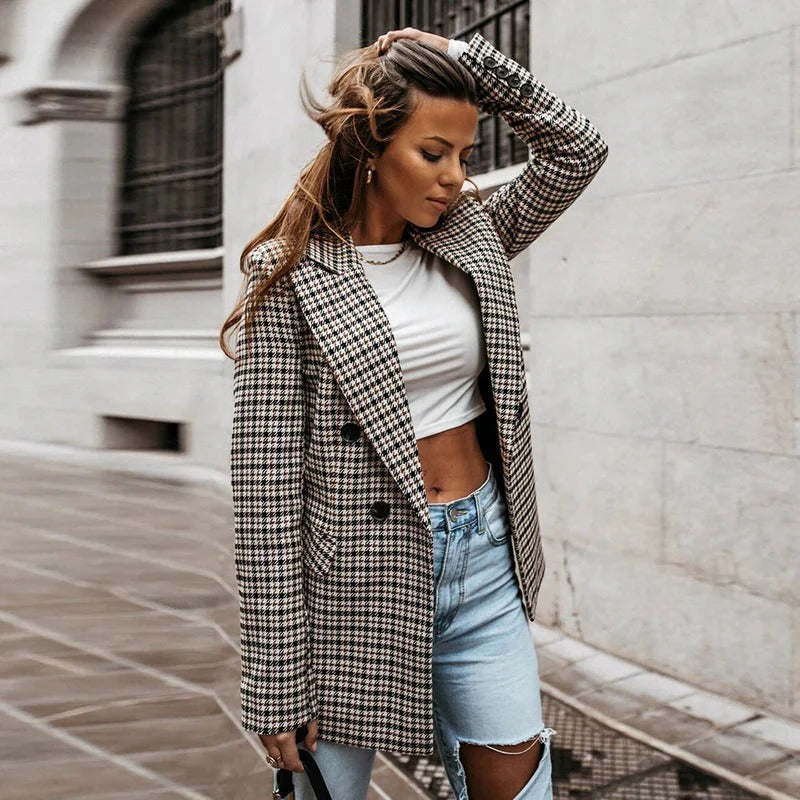 Marais | Womens Houndstooth Blazer, Double Breasted Tailored Tweed Occasion Wear – Black &amp; White