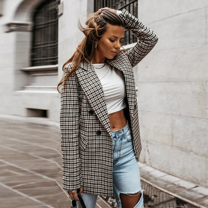 Marais | Womens Houndstooth Blazer, Double Breasted Tailored Tweed Occasion Wear – Black &amp; White
