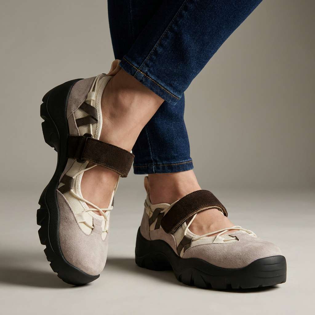 Women's Walking Sneakers with Adjustable Strap in Taupe Suede