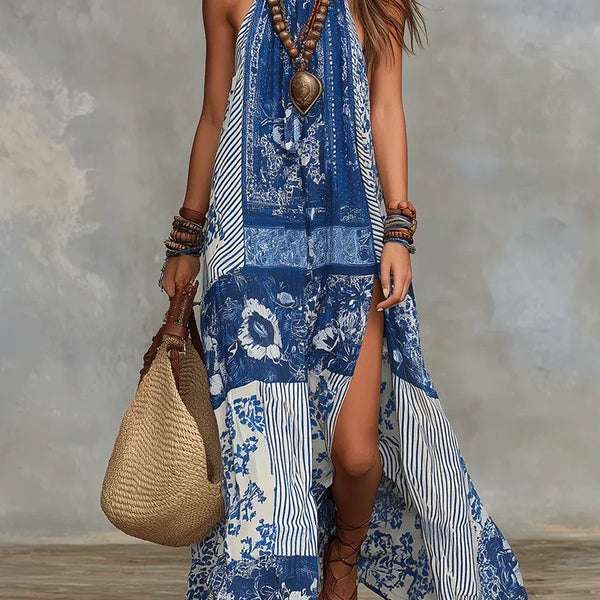 Dalia | Floral Print Halter Neck Patchwork Vacation Summer Wear