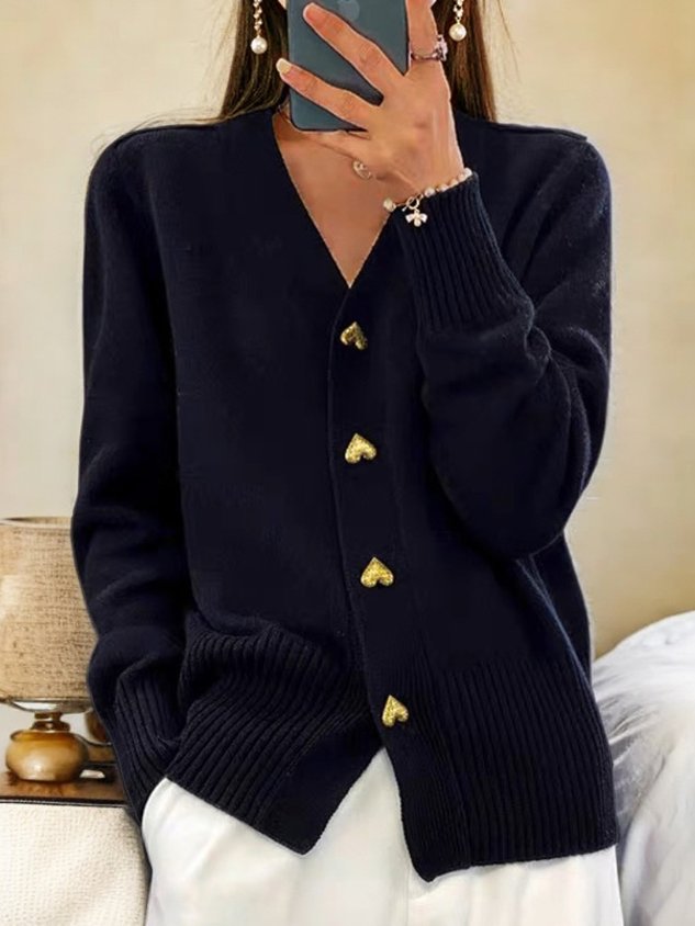 Cordelia | Women Fine Knit Heart Button V Neck Cardigan