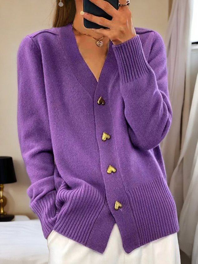 Cordelia | Women Fine Knit Heart Button V Neck Cardigan