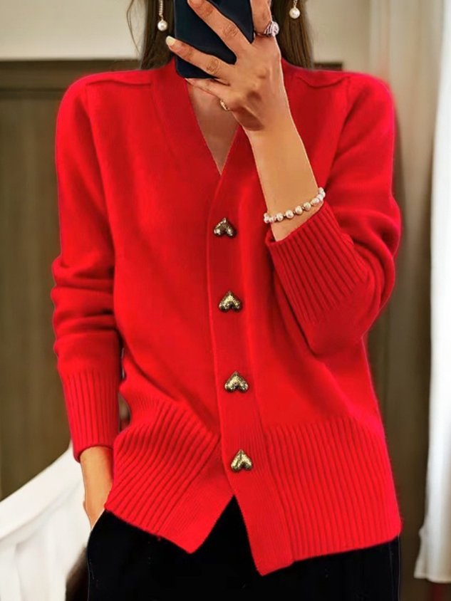 Cordelia | Women Fine Knit Heart Button V Neck Cardigan