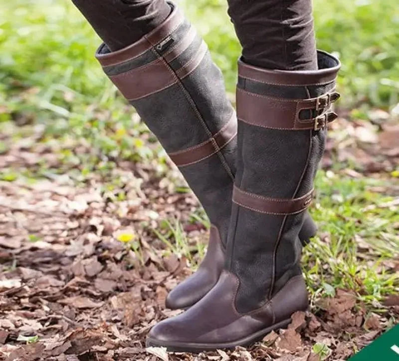 Women's Waterproof Pull On Buckle Round Toe Knee High Boots